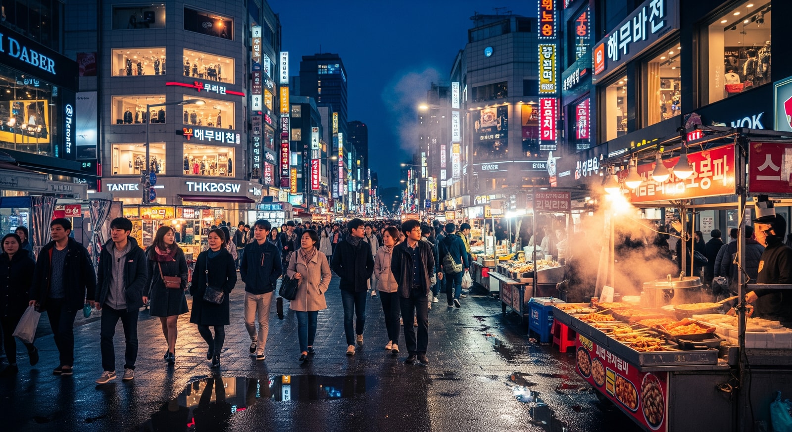 Vibrant Myeongdong shopping district at night with neon signs and crowds enjoying Korean street food
