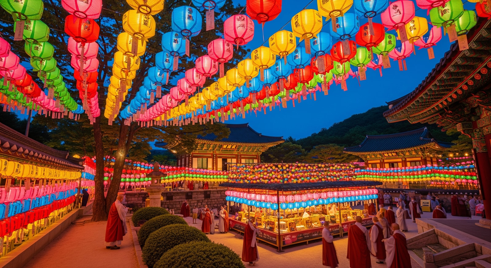 Colorful Buddhist temple Jogyesa decorated with paper lanterns during Buddha's birthday celebration in Seoul