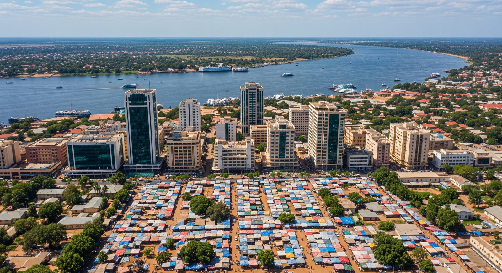 Aerial view of Juba city center along the White Nile with modern buildings and traditional markets