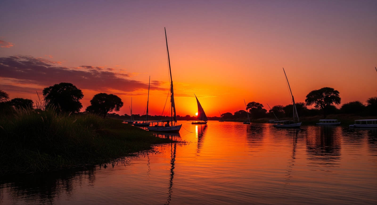 Sunset over the White Nile River near Juba with traditional boats and riverside vegetation