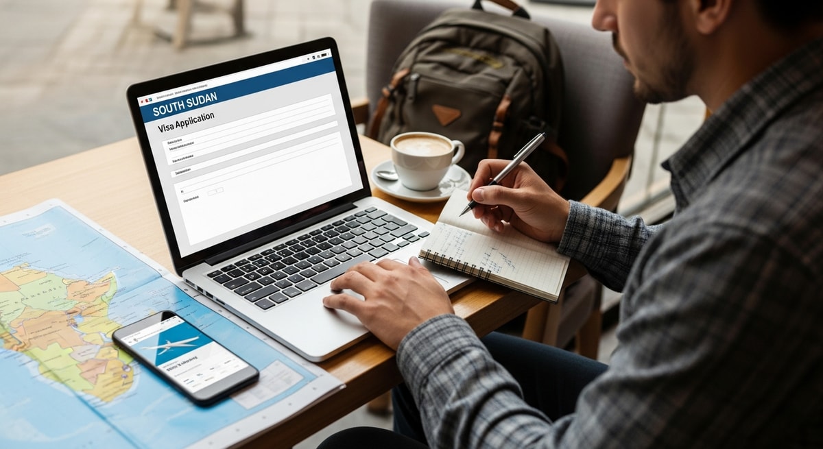 Traveler using laptop to apply for South Sudan visa while planning their journey