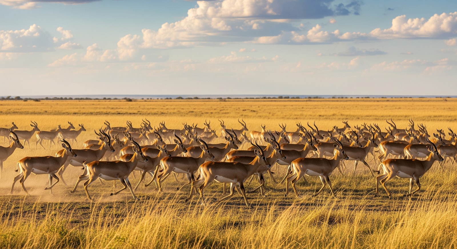 Herd of white-eared kob antelopes migrating across the grasslands of Boma National Park