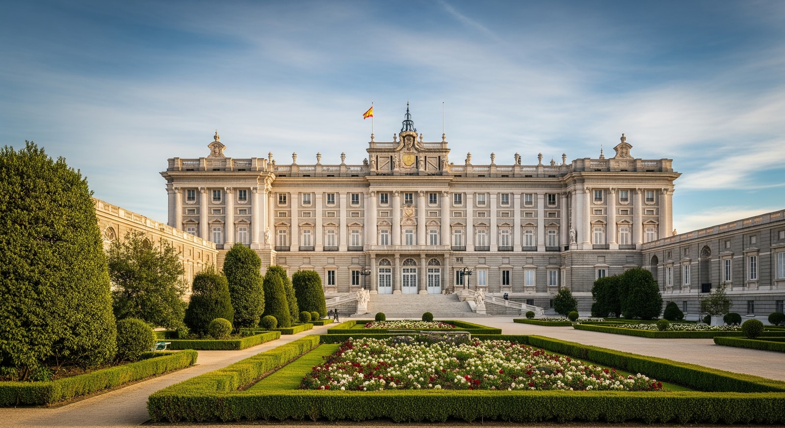 The Royal Palace of Madrid with its grand neoclassical architecture and manicured gardens