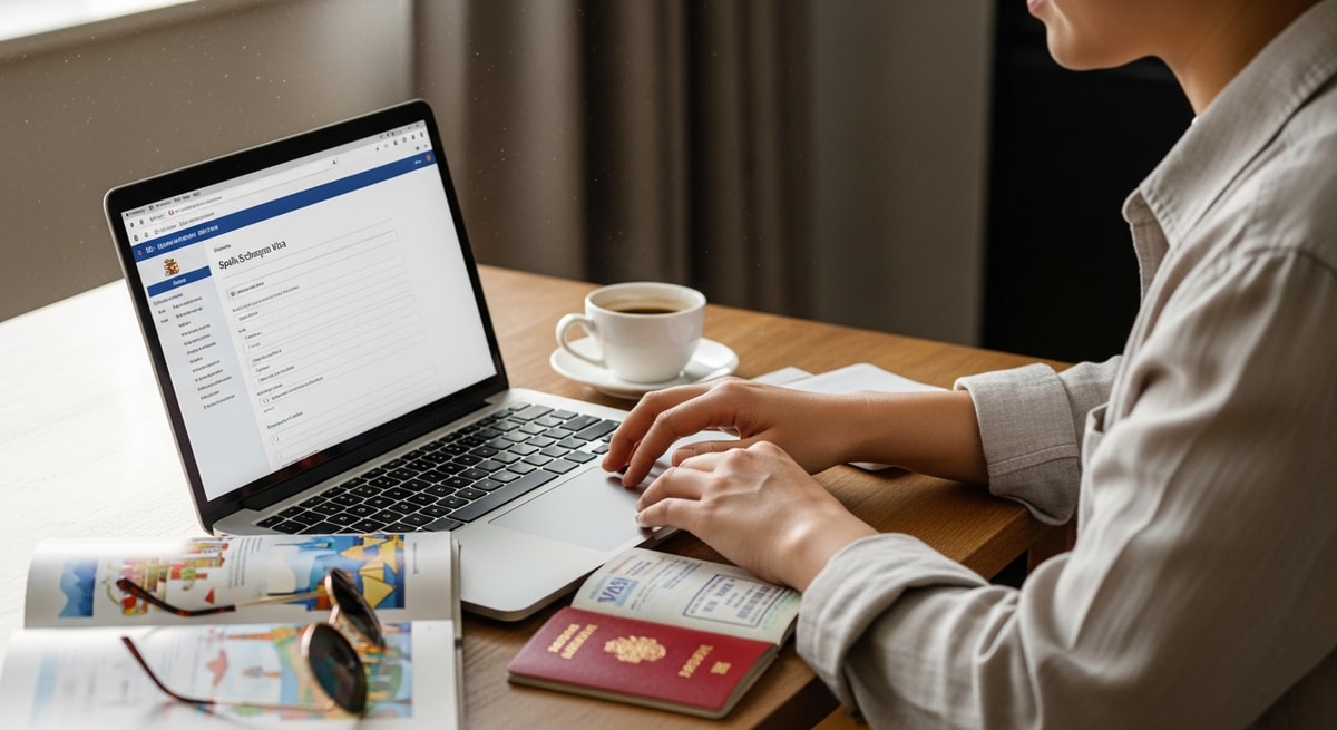 Traveler using laptop to apply for Spain Schengen visa with travel guide and passport nearby