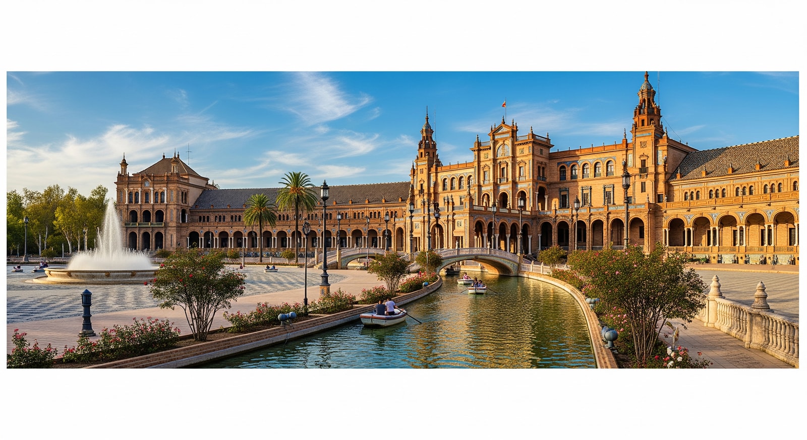 The ornate Plaza de Espana in Seville with its colorful ceramic tiles and Renaissance architecture
