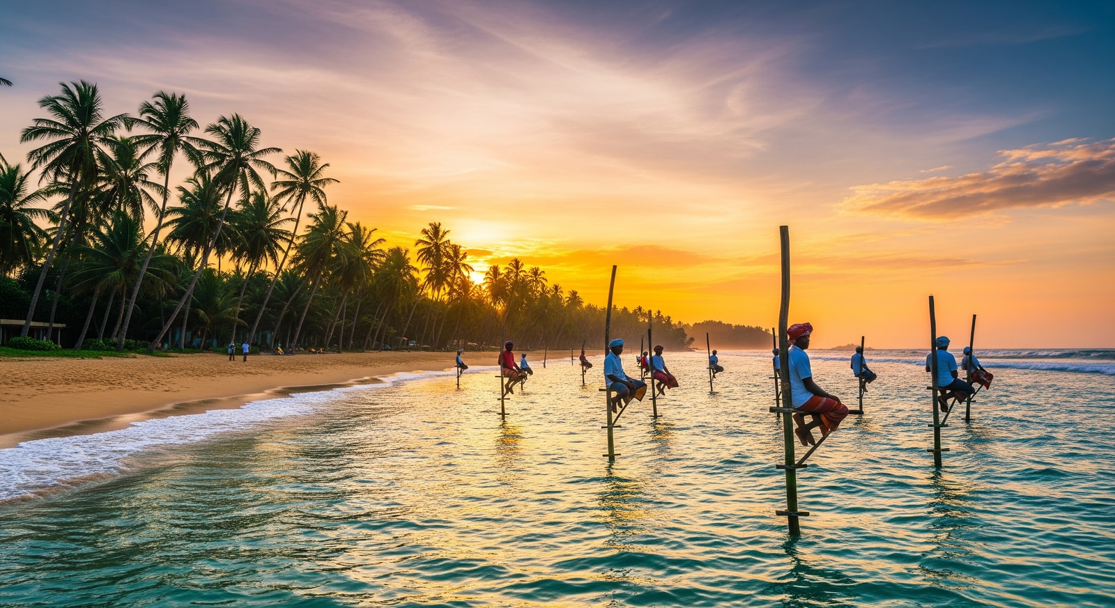 Palm-lined golden beach at Unawatuna with traditional stilt fishermen in the turquoise waters at sunset