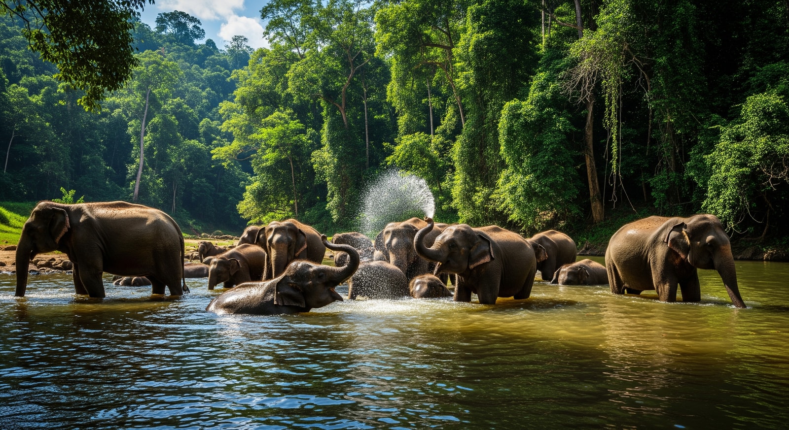 Wild elephants bathing in the river at Pinnawala Elephant Orphanage with lush green backdrop