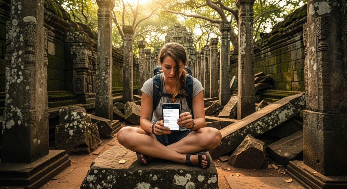 Traveler exploring ancient ruins in Sri Lanka while completing visa application on smartphone