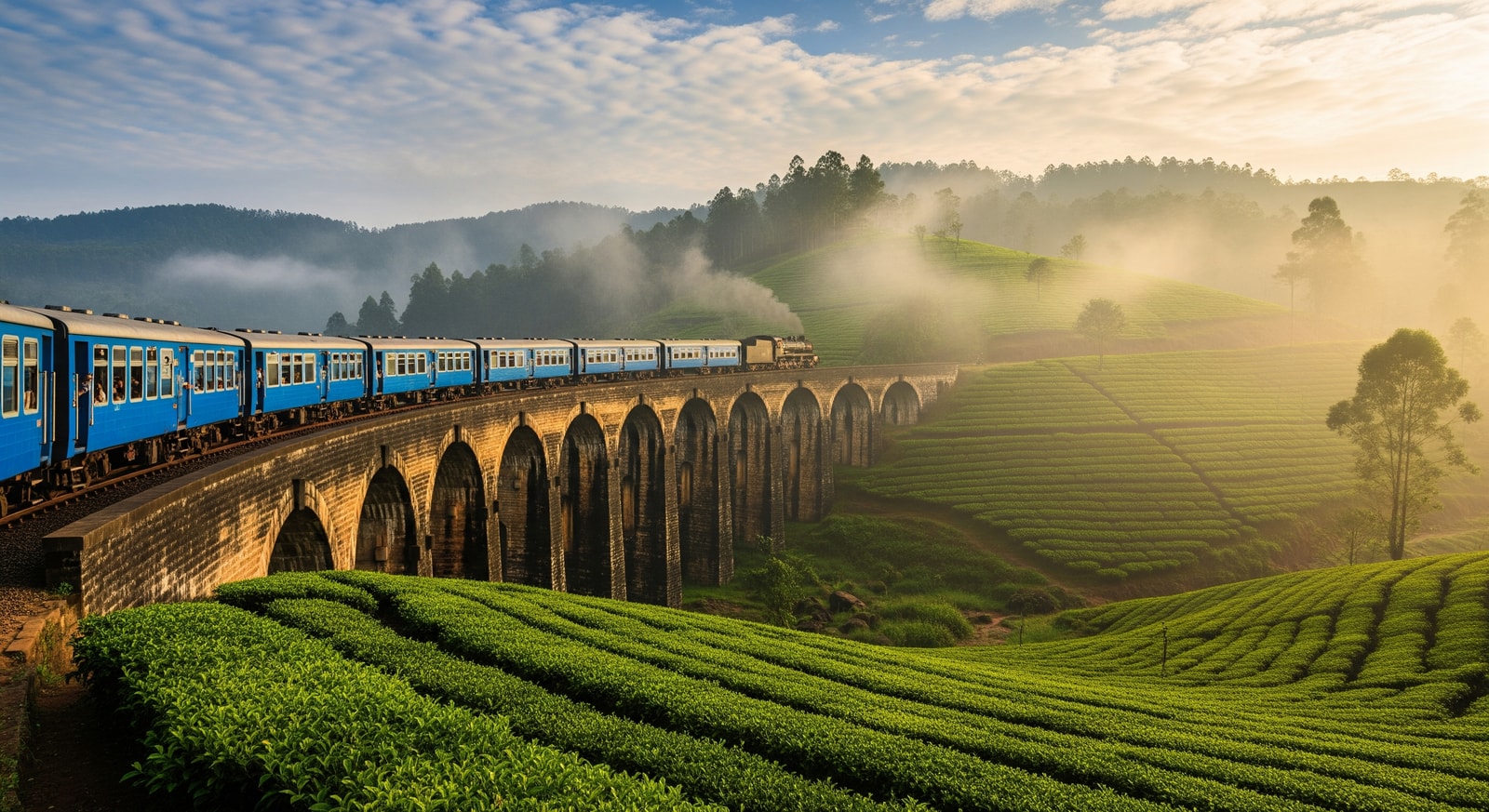 Famous blue train crossing the Nine Arch Bridge in Ella through misty green tea plantations