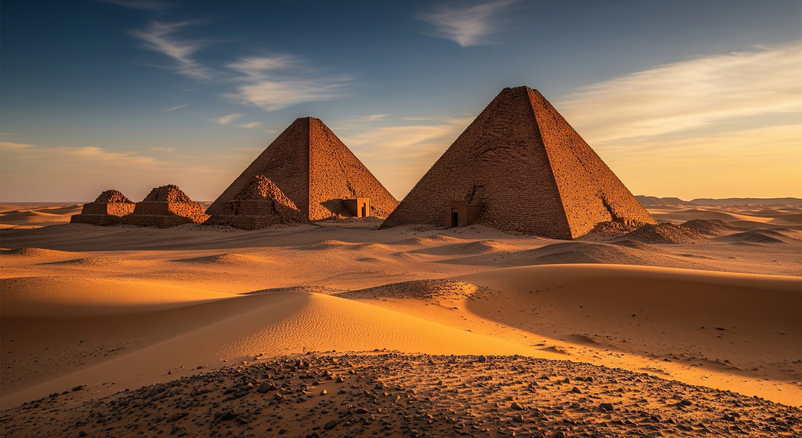 Ancient pyramids of Meroe UNESCO World Heritage Site with dramatic desert landscape in Sudan