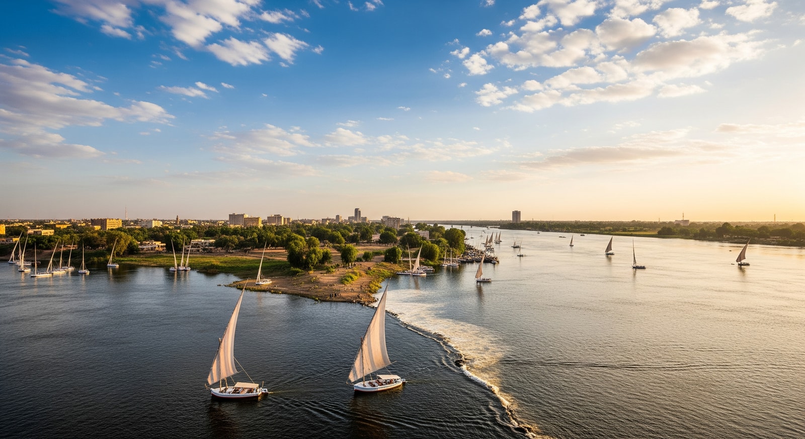 Confluence of the Blue and White Nile rivers at Khartoum with traditional boats