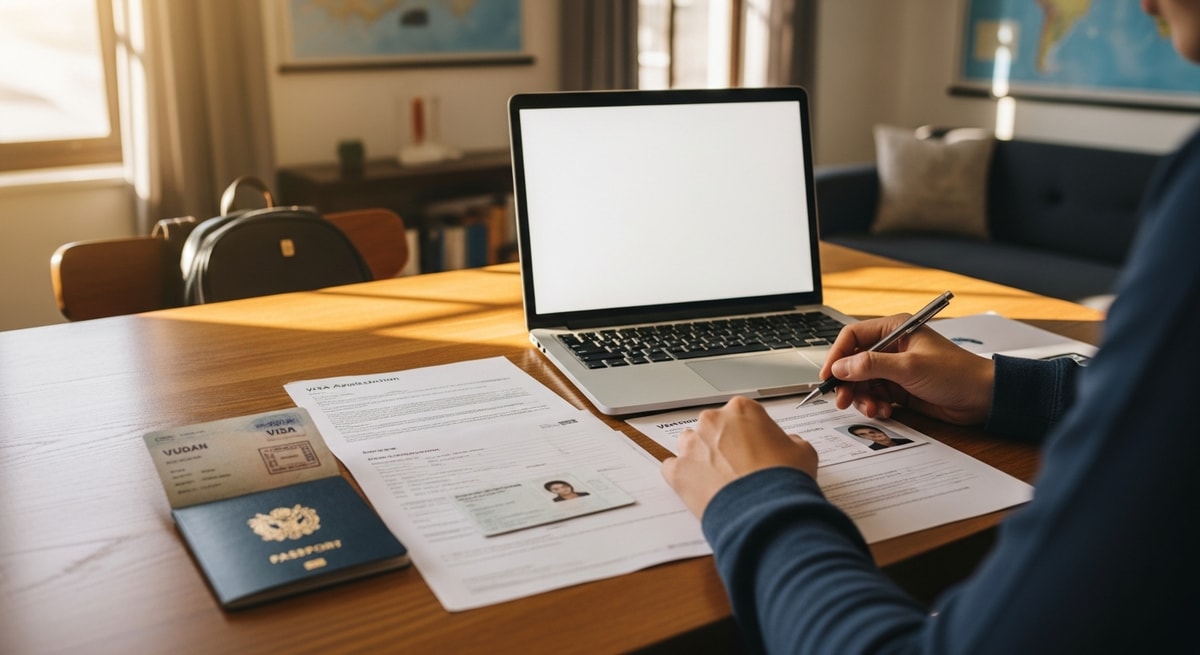 Traveler preparing Sudan visa application documents with laptop and passport