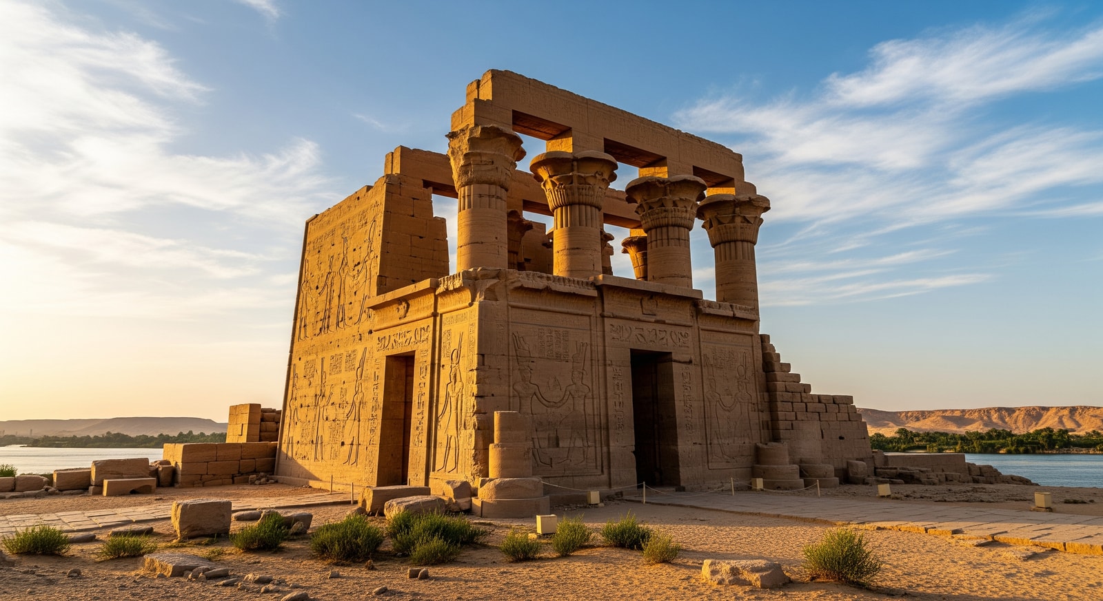 Ancient Nubian temple ruins at Soleb with hieroglyphic carvings and sandstone columns