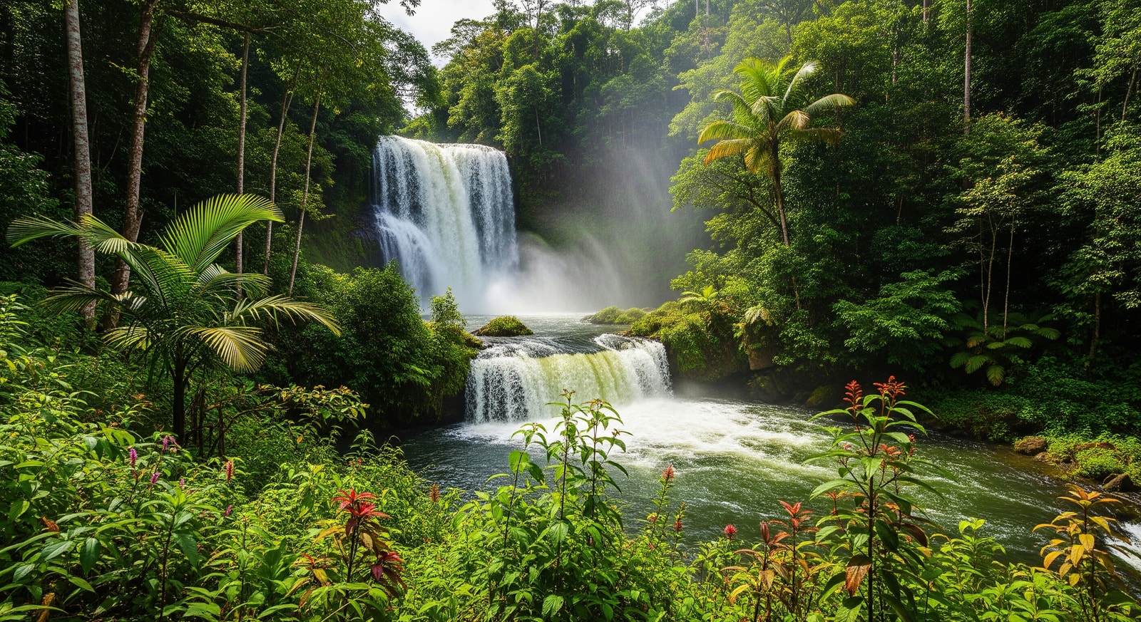 Stunning waterfall cascading through lush vegetation in Brownsberg Nature Park, Suriname