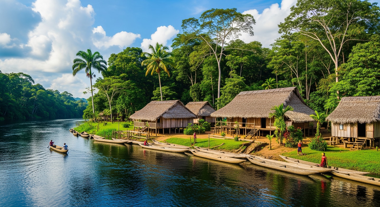 Traditional Maroon village along the Suriname River with wooden houses and dugout canoes