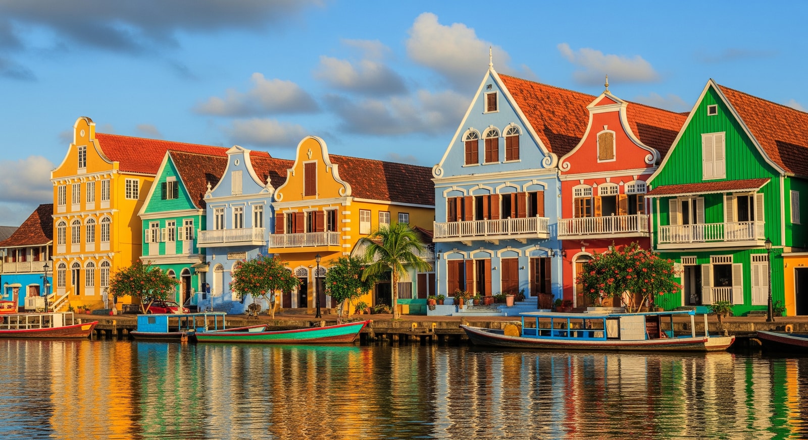 Colorful Dutch colonial architecture along the waterfront in Paramaribo, Suriname's UNESCO World Heritage capital