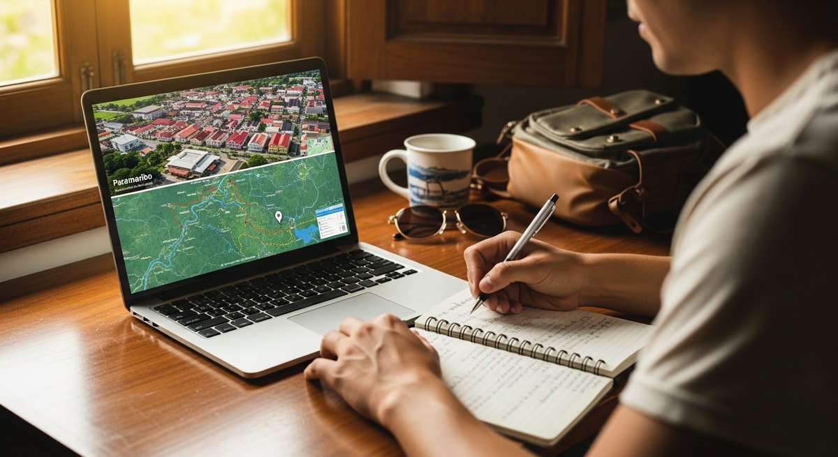 Traveler planning Suriname adventure with laptop showing Paramaribo historic district and rainforest expedition maps