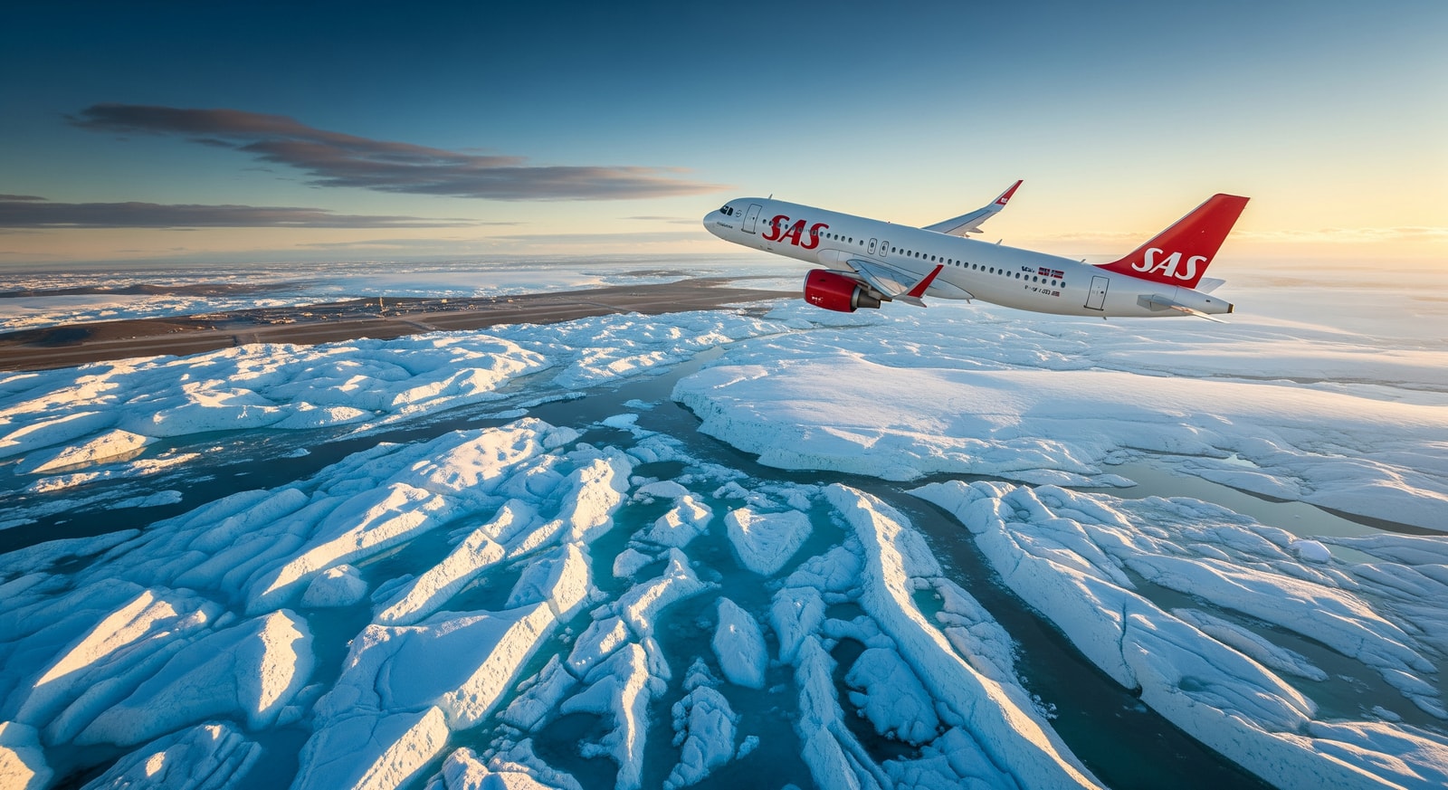 SAS aircraft flying over dramatic Arctic ice formations approaching Svalbard Airport