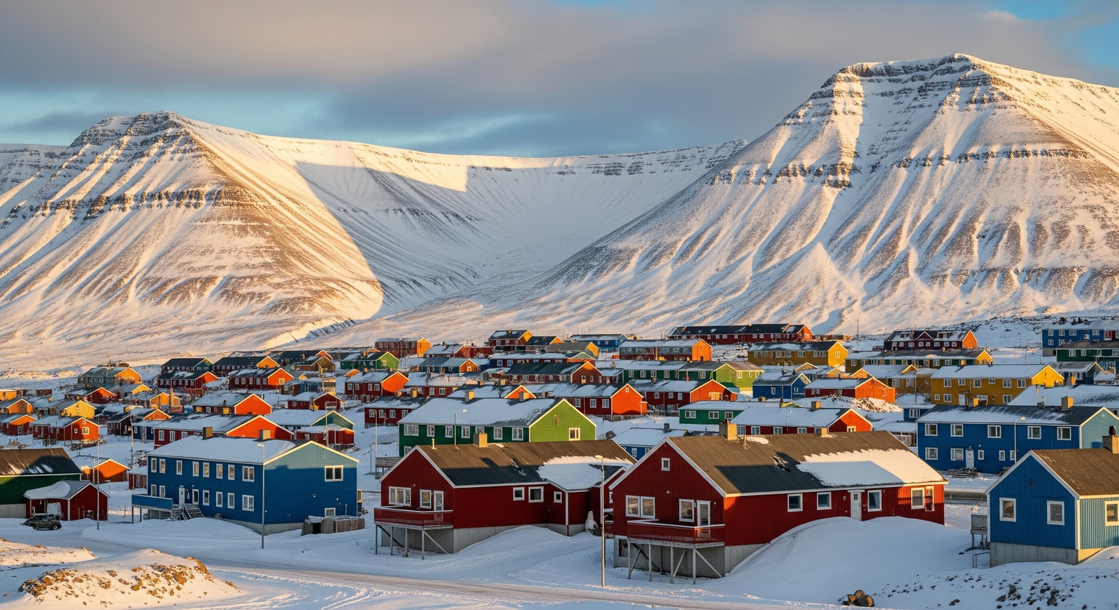 Colorful wooden houses of Longyearbyen settlement against snow-covered Arctic mountains in Svalbard