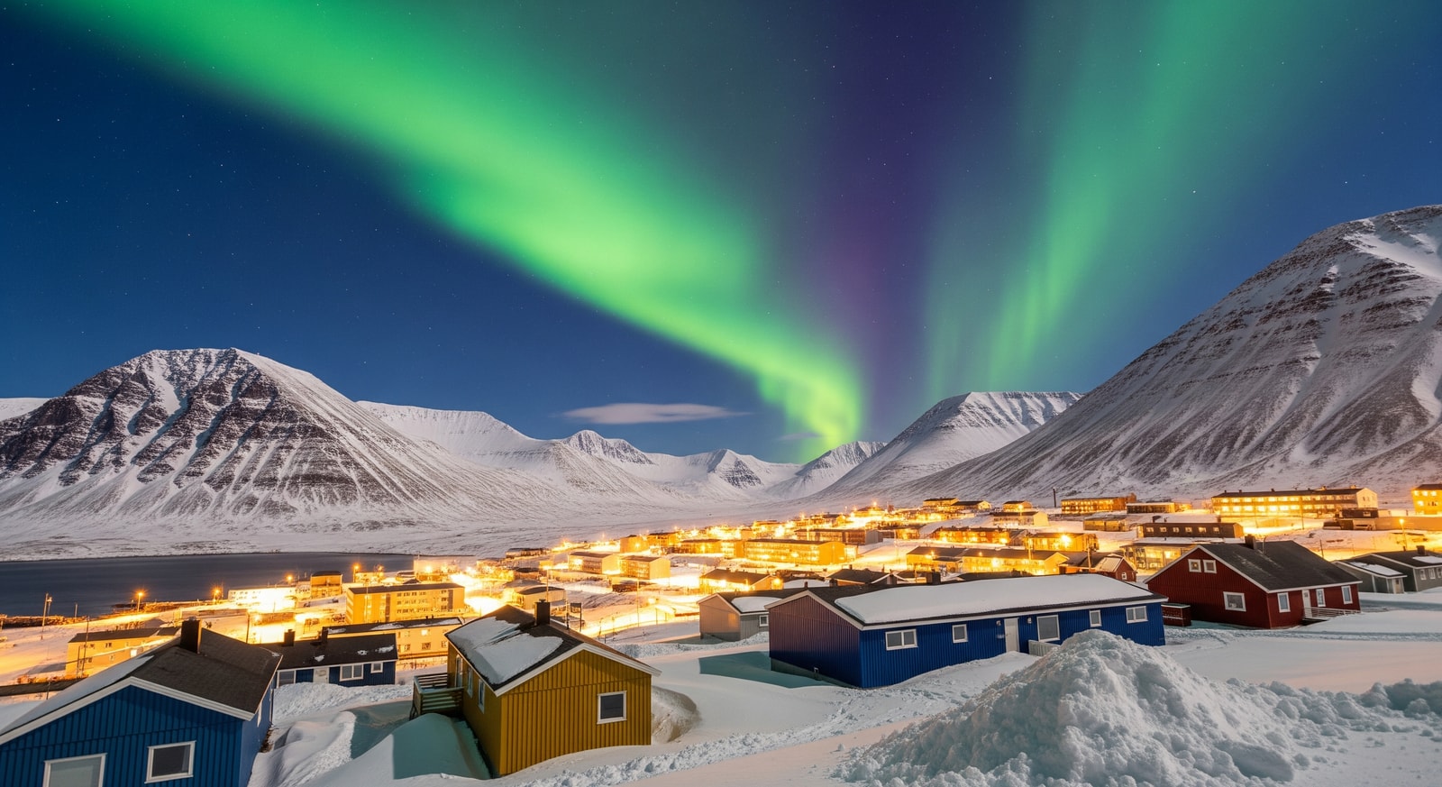 Spectacular green and purple Northern Lights dancing over Longyearbyen settlement in Svalbard
