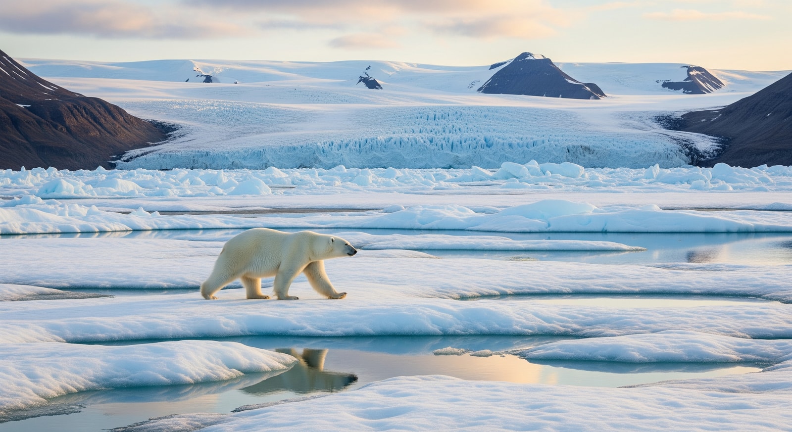 Majestic polar bear walking across Arctic sea ice in Svalbard with glacier backdrop