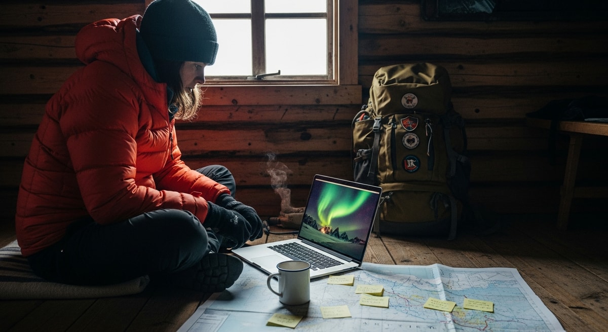 Traveler researching Arctic expedition on laptop with Northern Lights imagery on screen