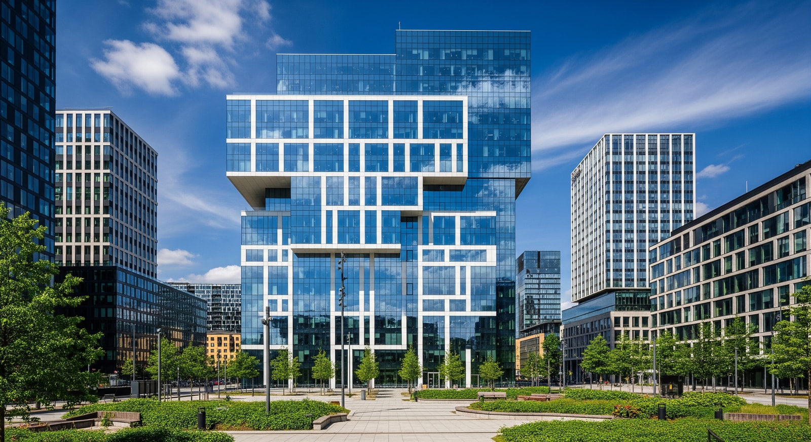 Modern office building in Stockholm's business district with glass facade reflecting blue sky