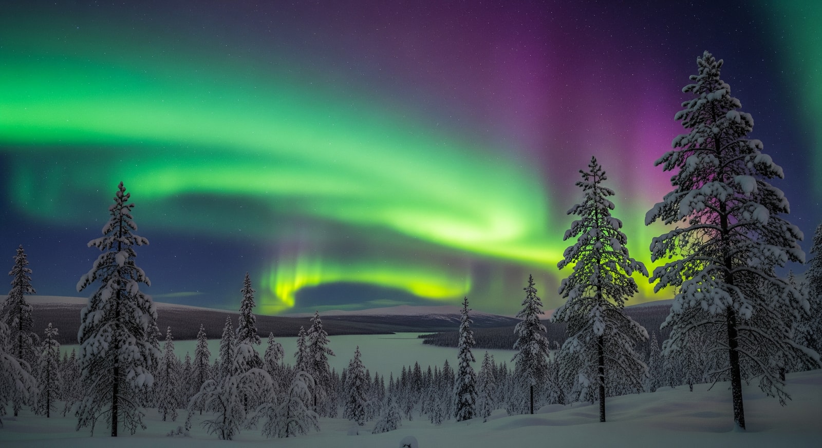 Spectacular green and purple Northern Lights aurora borealis dancing over snowy Lapland forest