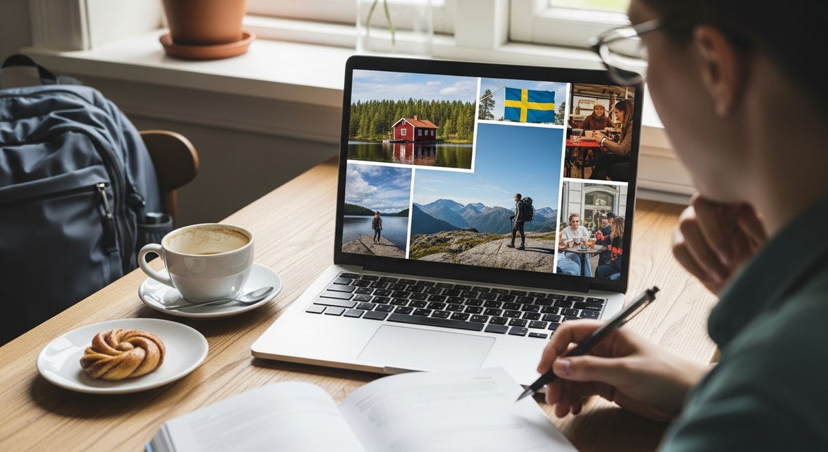 Traveler planning Sweden trip with laptop showing Swedish landscapes