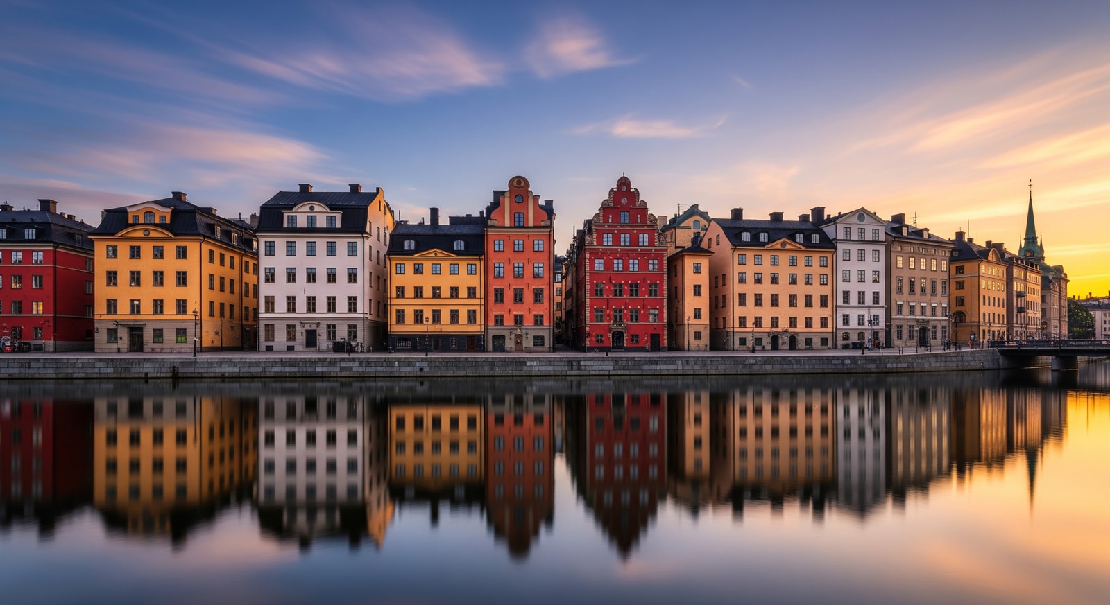 Colorful waterfront buildings of Gamla Stan old town in Stockholm reflecting in calm waters at sunset