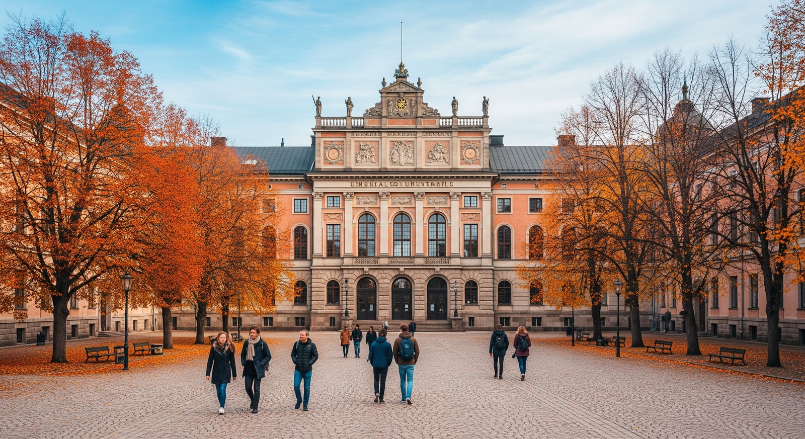 Historic Uppsala University main building with autumn trees and students walking in courtyard