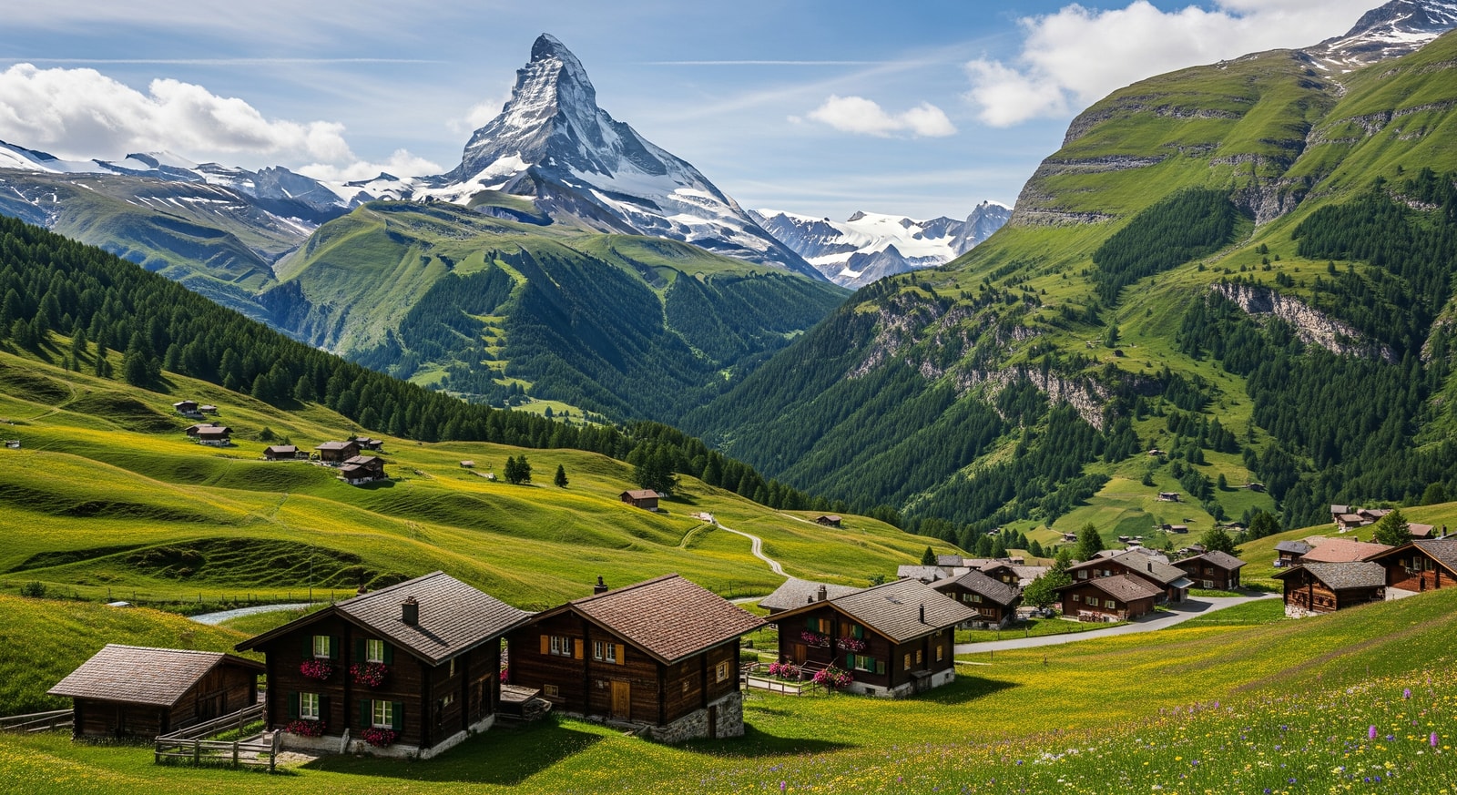 Stunning Swiss Alps panorama with snow-capped peaks, green meadows, and traditional wooden chalets in the valley