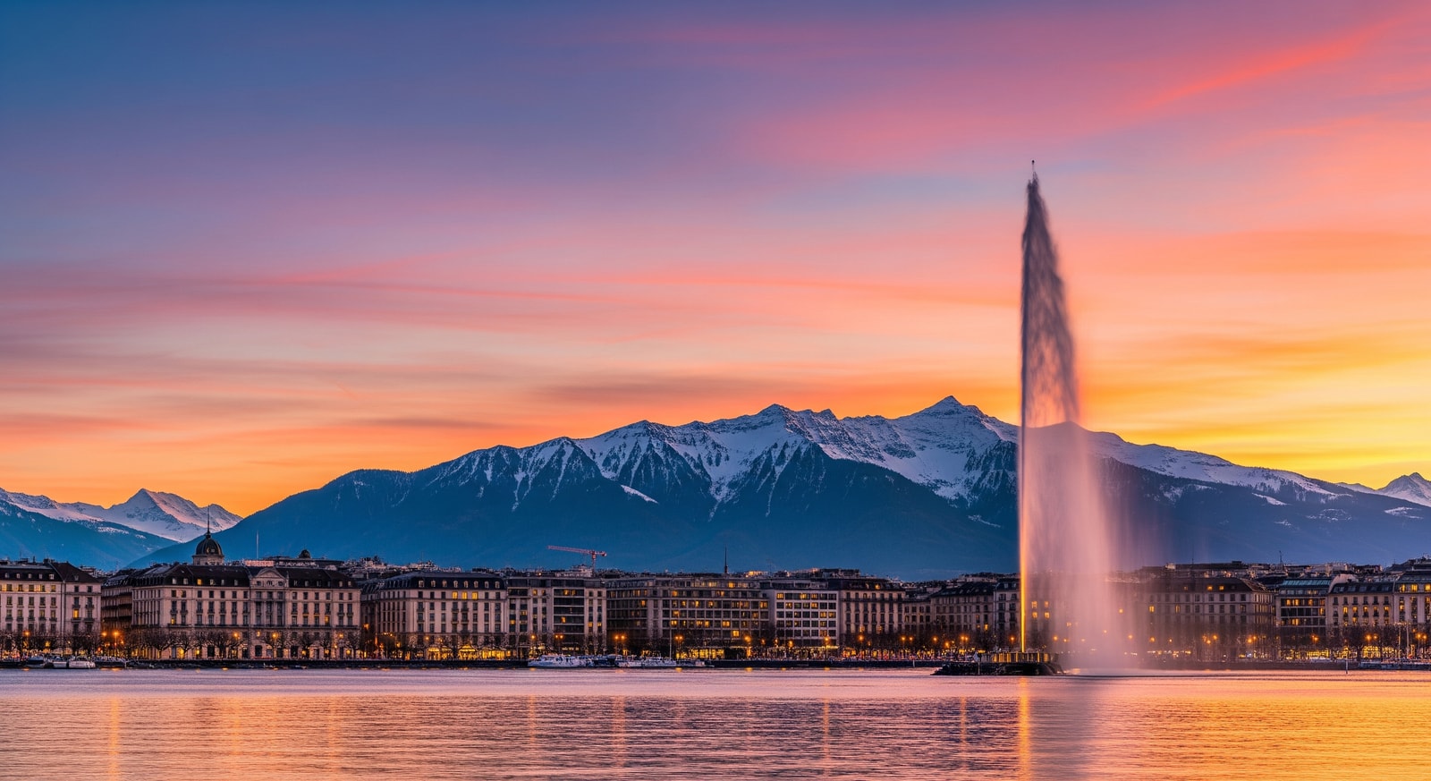 Geneva cityscape featuring the iconic Jet d'Eau fountain on Lake Geneva with the Alps in the background
