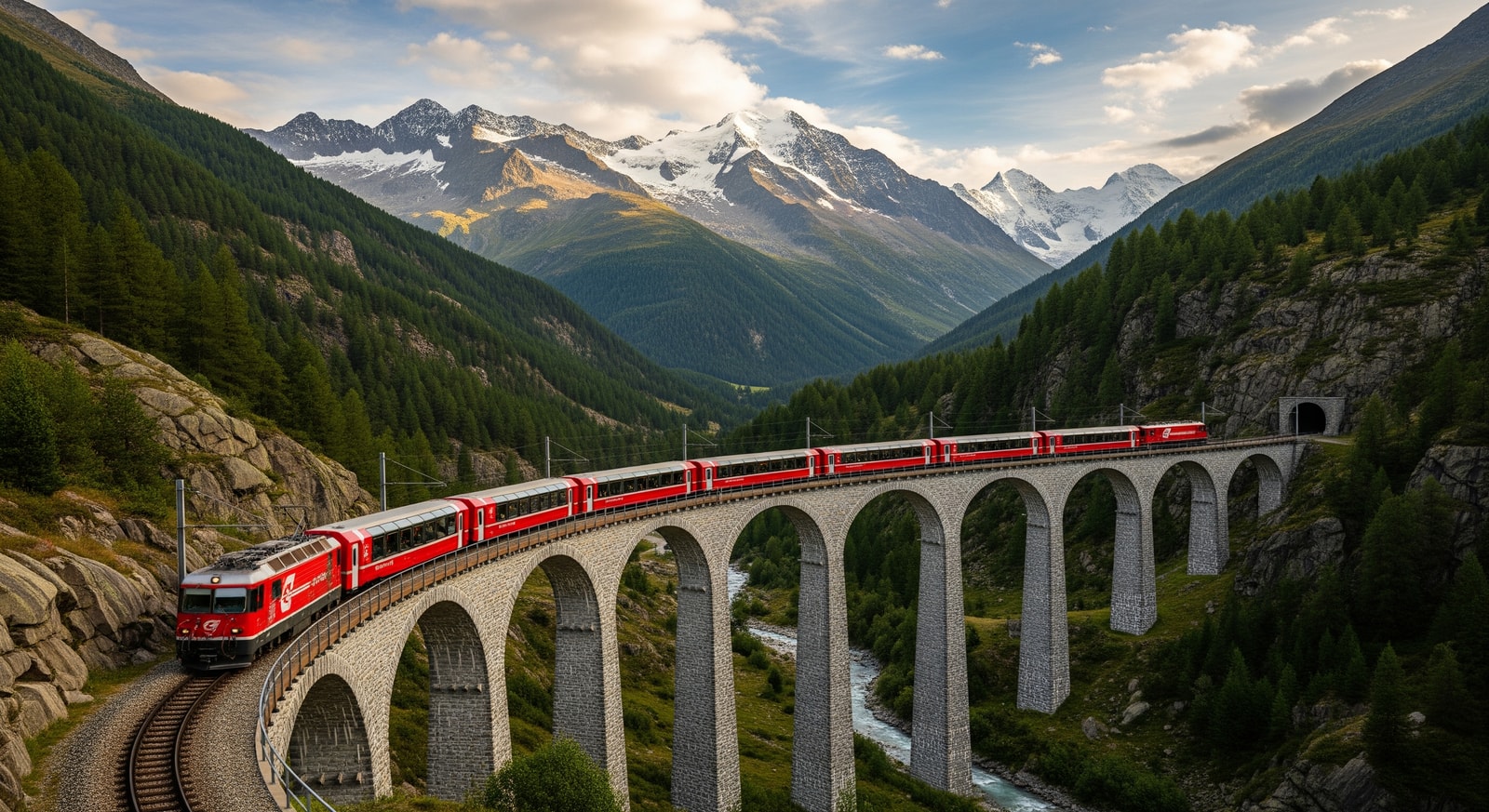 Famous red Glacier Express train crossing the Landwasser Viaduct in Graubunden with dramatic mountain scenery