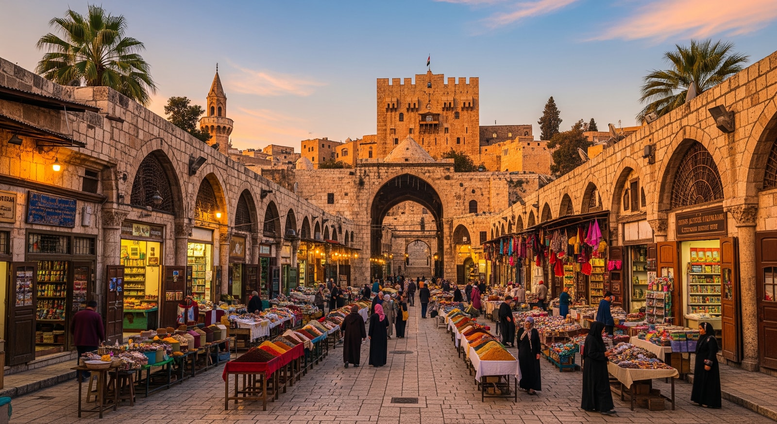 Historic marketplace and citadel of Aleppo showing ancient stone architecture