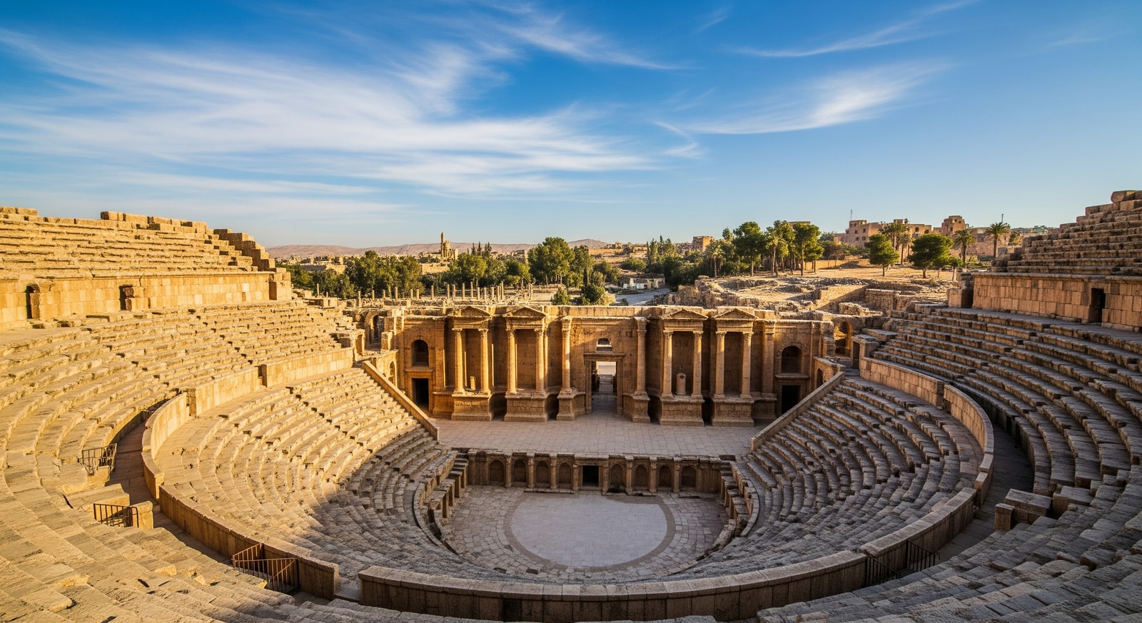 Ancient Roman amphitheater at Bosra with well-preserved stone seating and stage