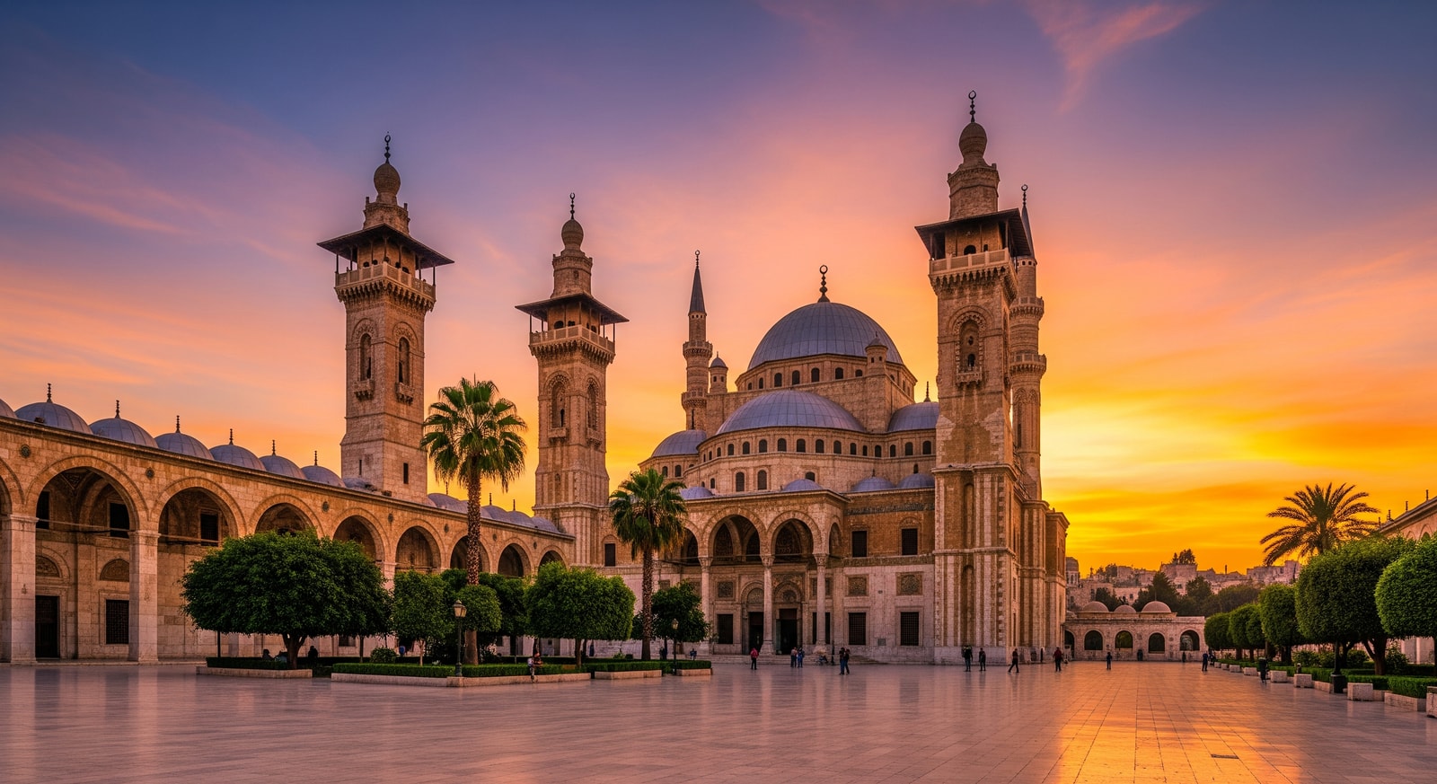 Historic Umayyad Mosque in Damascus with its ornate minarets and courtyard at sunset