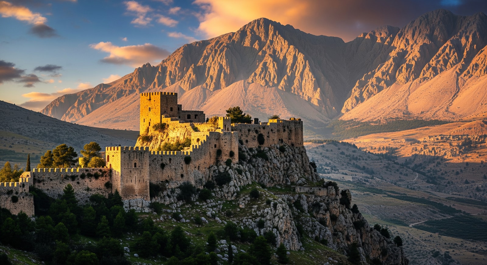 Krak des Chevaliers crusader castle perched on hilltop with dramatic mountain backdrop