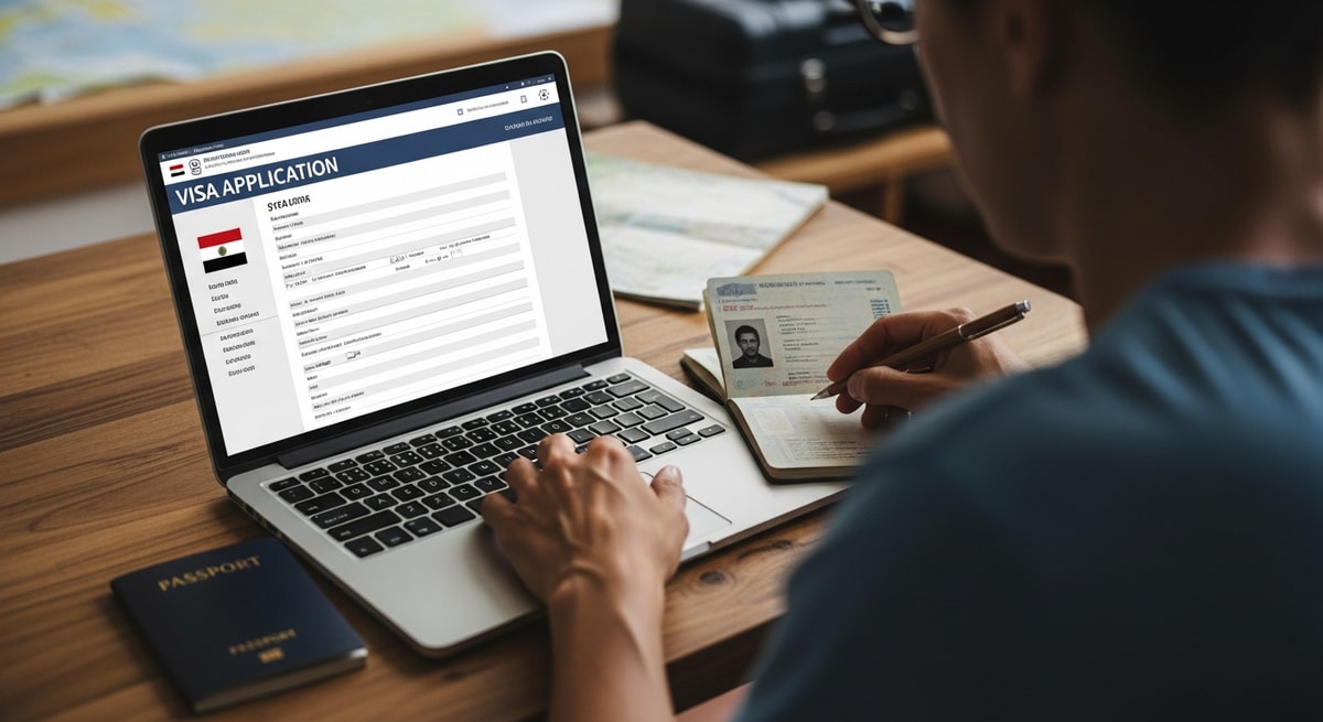 Traveler completing Syria visa application on laptop with passport nearby