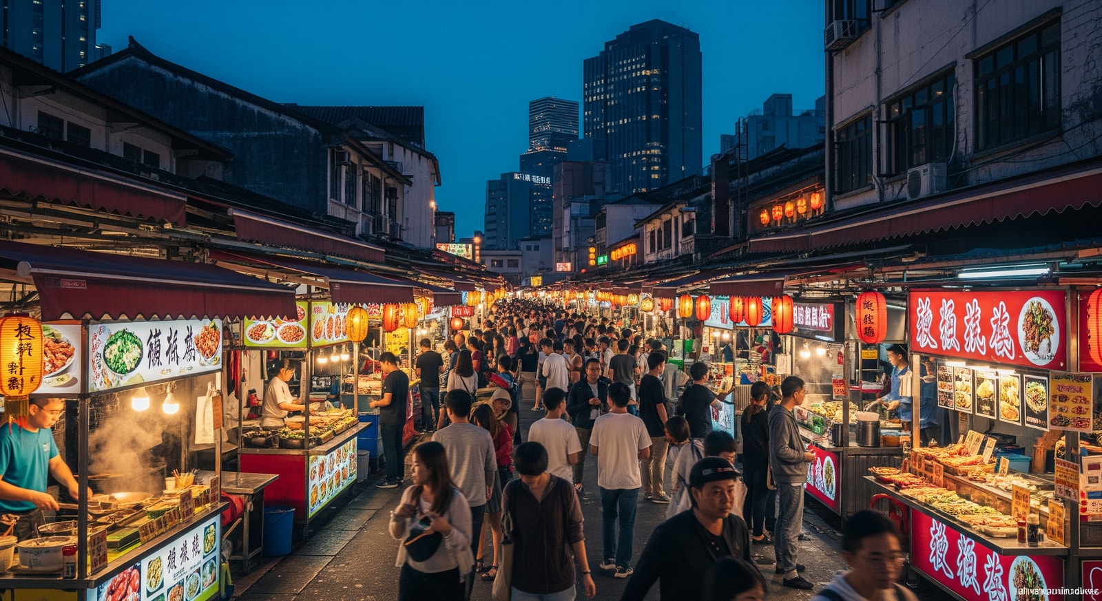 Vibrant night market scene with colorful food stalls and crowds of visitors
