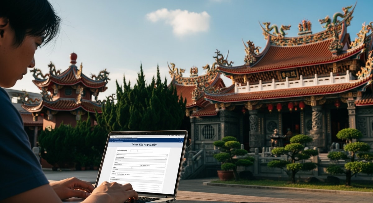 Traveler completing Taiwan visa application on laptop with traditional temple in background