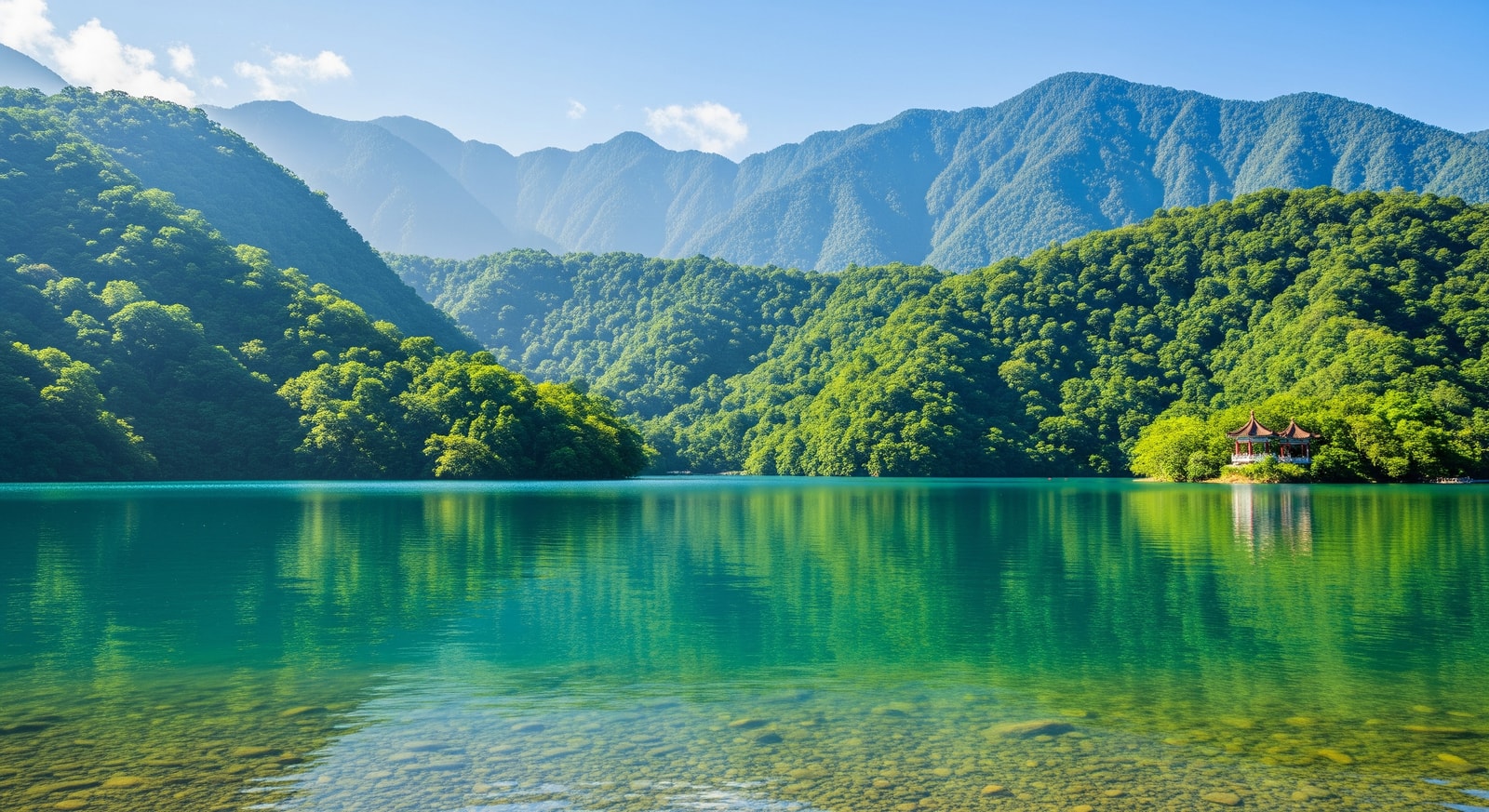 Serene Sun Moon Lake surrounded by lush green mountains in central Taiwan