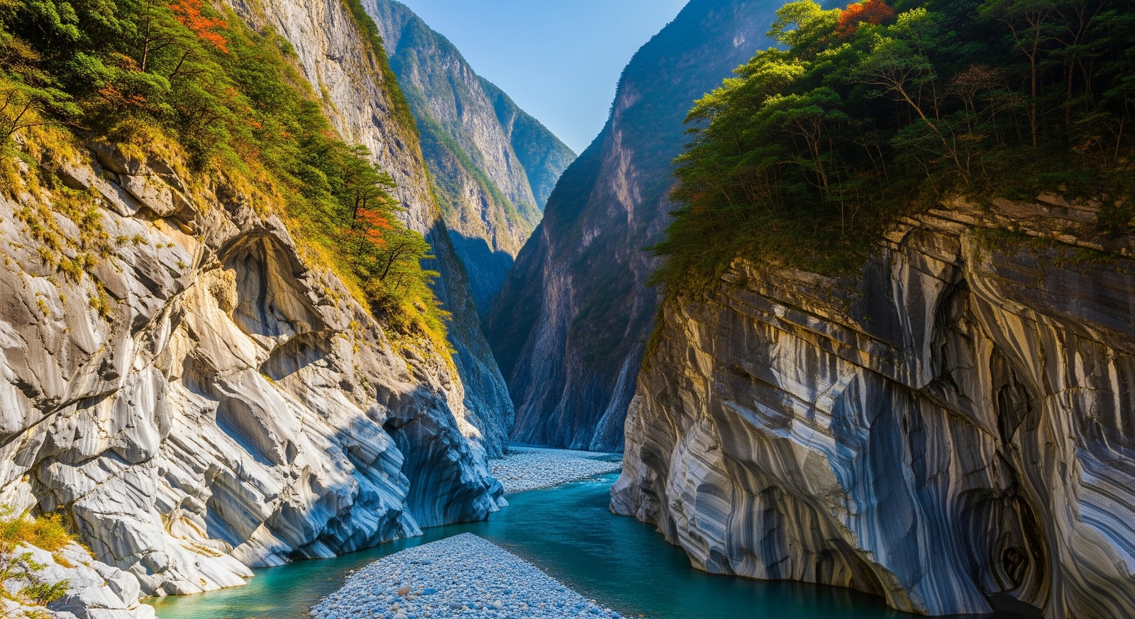 Dramatic marble cliffs and turquoise river in Taroko Gorge National Park