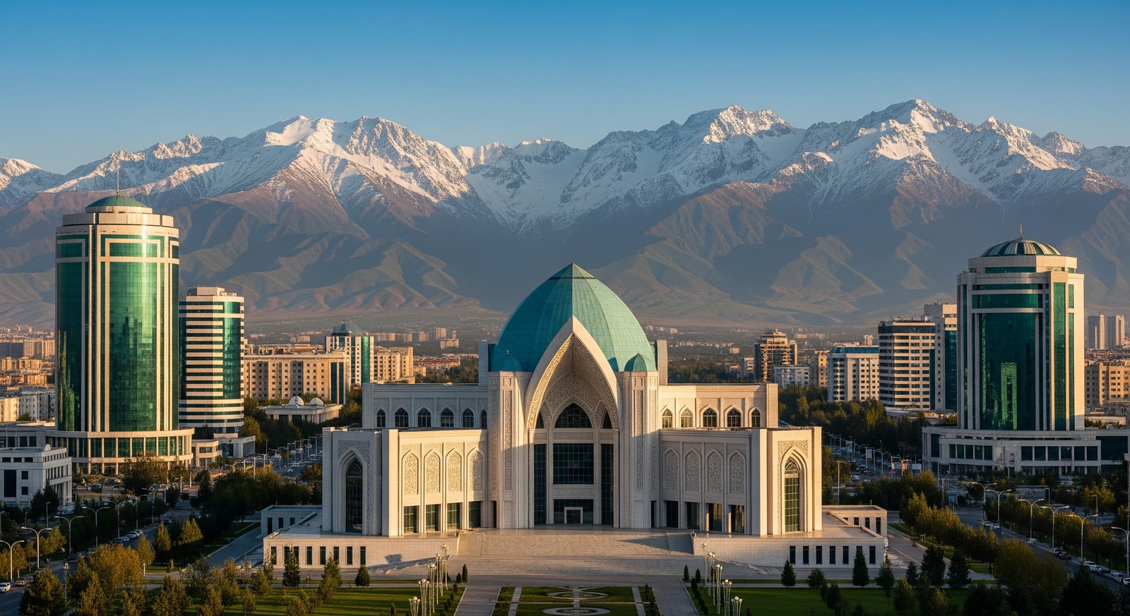 Ismaili Centre and modern buildings in Dushanbe with the Fann Mountains visible in the distance