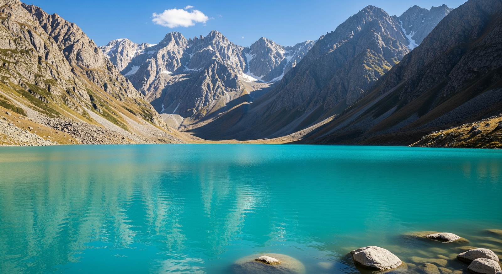 Turquoise waters of Iskanderkul Lake surrounded by dramatic peaks in the Fann Mountains of Tajikistan