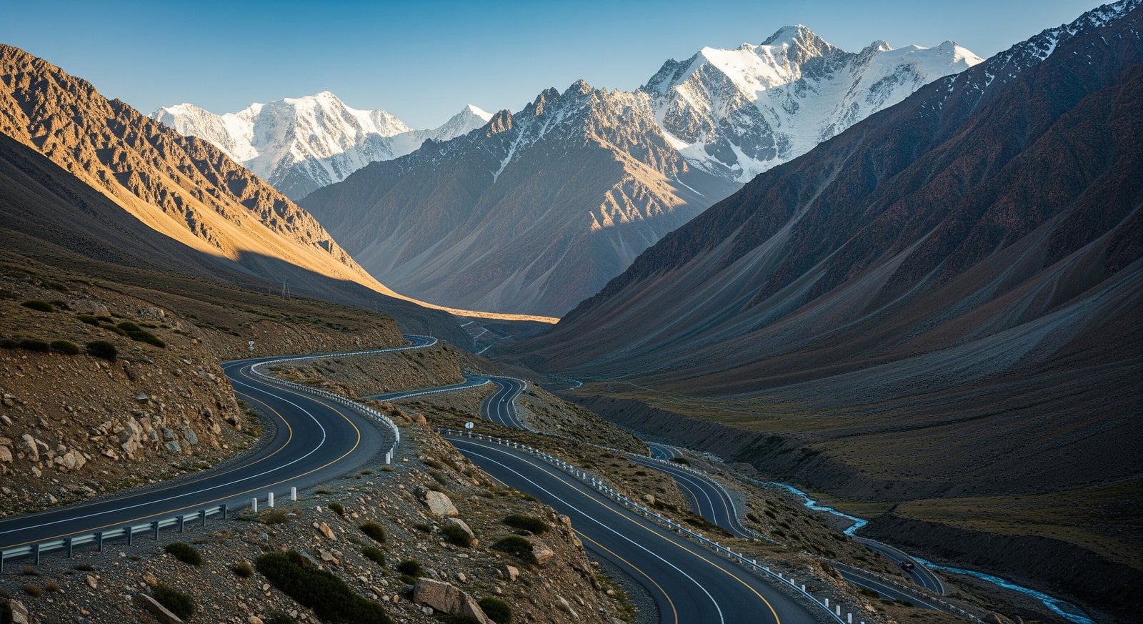 Winding Pamir Highway cutting through dramatic mountain landscape with snow-capped peaks and deep valleys