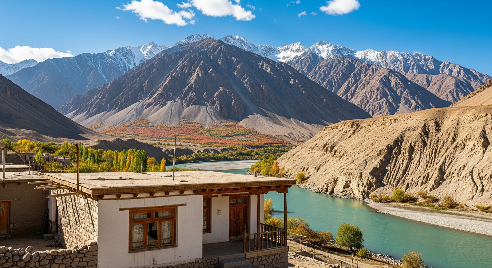 Traditional Pamiri home with mountains and the Panj River forming the border with Afghanistan in the Wakhan Valley