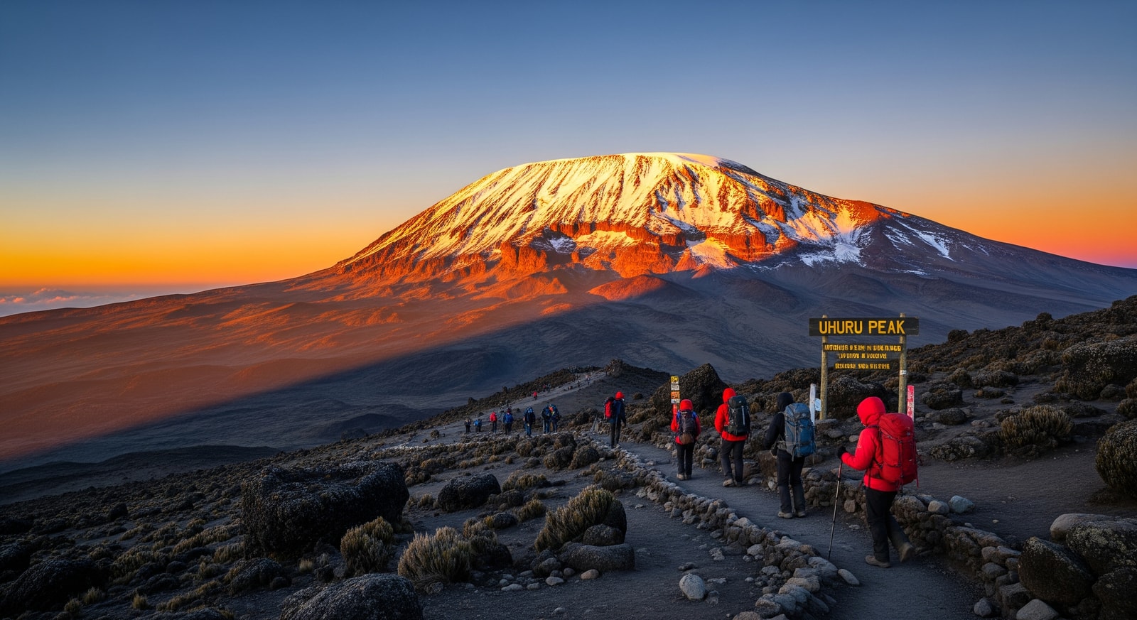 Snow-capped peak of Mount Kilimanjaro at sunrise with hikers on the trail approaching Uhuru Peak
