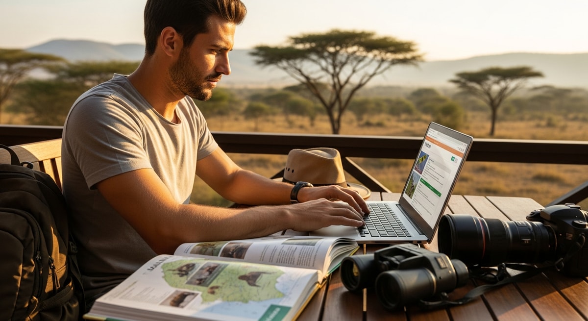 Traveler using laptop to apply for Tanzania visa while planning safari adventure