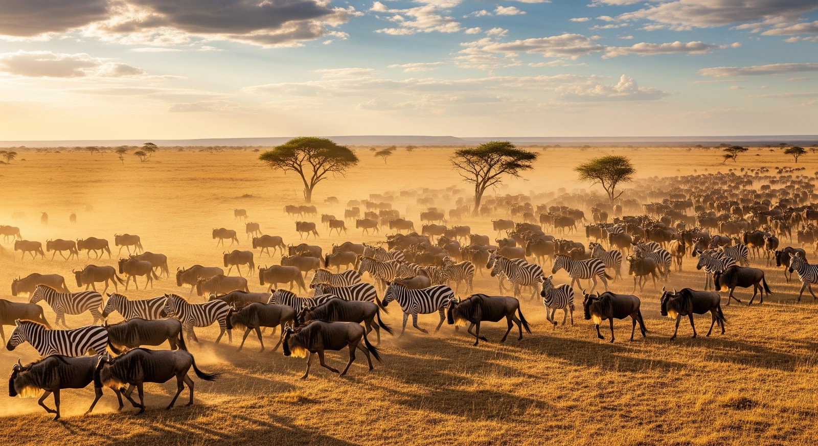 Vast herds of wildebeest and zebras crossing the golden plains of the Serengeti during the Great Migration